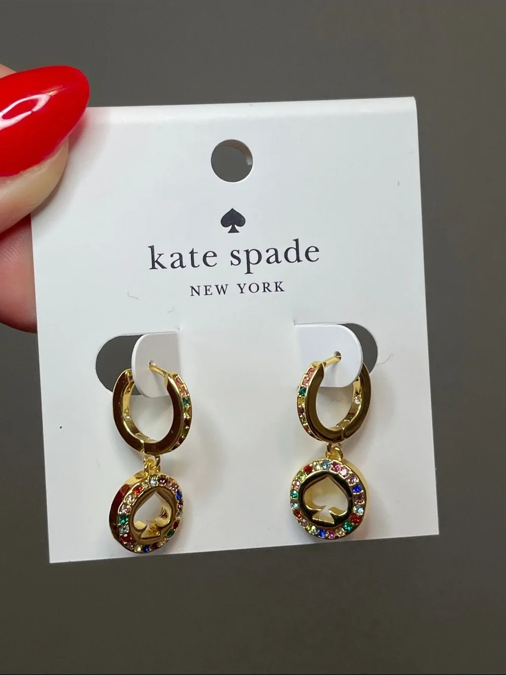 NWT kate spade Gold-Tone Multi-Color Crystal Spade Drop Hoop Earrings MSRP $69
